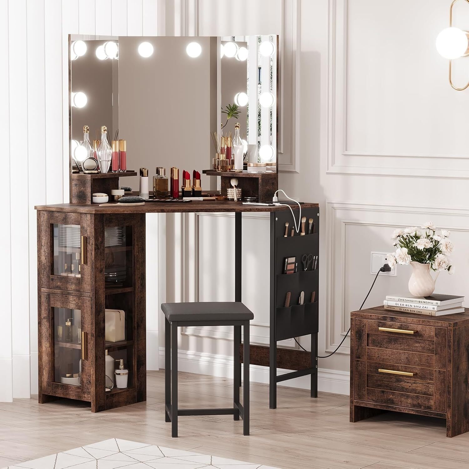 Corner Vanity Desk and Stool, Makeup Dressing Table Set with Light Bulbs Mirror