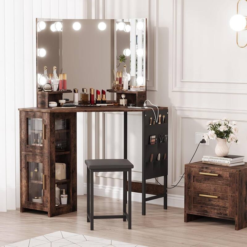 Corner Vanity Desk and Stool, Makeup Dressing Table Set with Light Bulbs Mirror - Brown