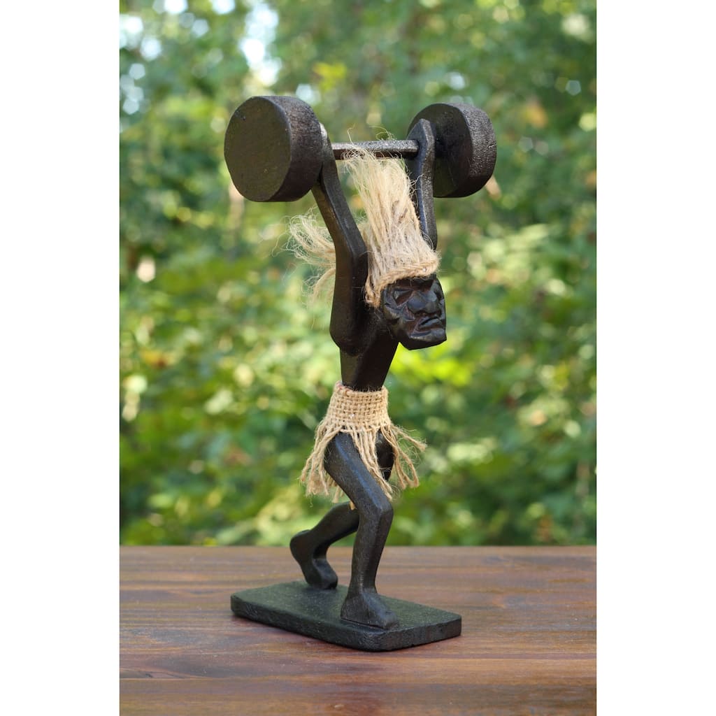 Handmade Wooden Primitive Tribal Weightlifting Funny Statue Sculpture Tiki Bar Handcrafted Unique Gift Decorative Decor