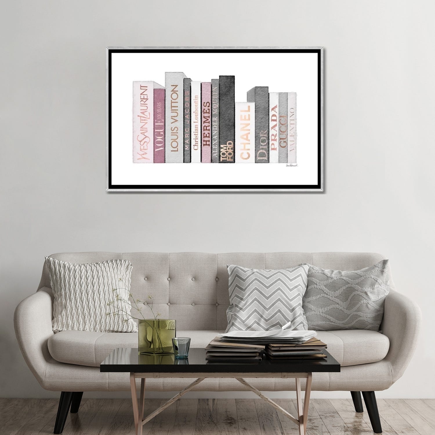 Amanda Greenwood Canvas Prints - Book Shelf Full of Rose Gold, Grey, and Pink Fashion Books ( Fashion art) - 18x26 in