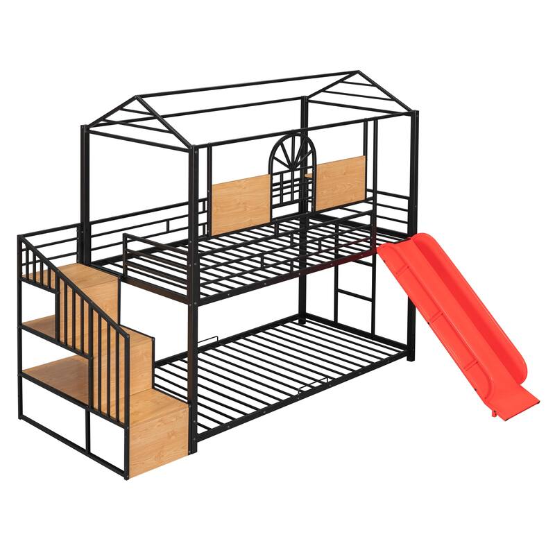 Twin Metal House Bunk Bed with Slide