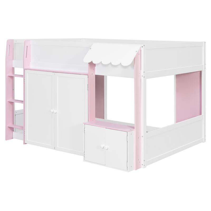Full Size Loft House Bed with Playhouse Design & Storage, Modern Wooden Cabin Bed with Guardrails and Ladder for Kids, Teens