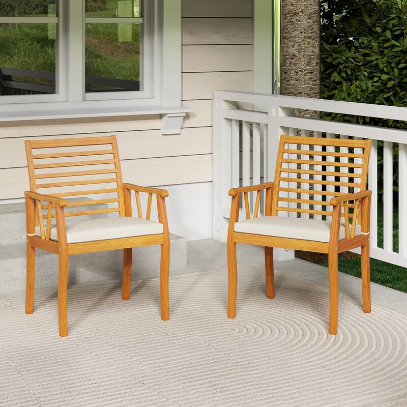 Natural Acacia Wood Outdoor Dining Chairs with Cushions Set of 2 - 22.5" x 22" x 34"