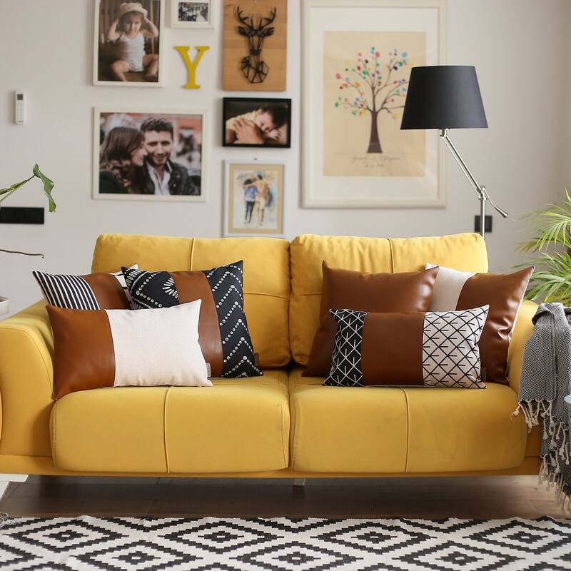 Bohemian Mixed Set of 4 Vegan Faux Leather Brown Solid Throw Pillow Cover