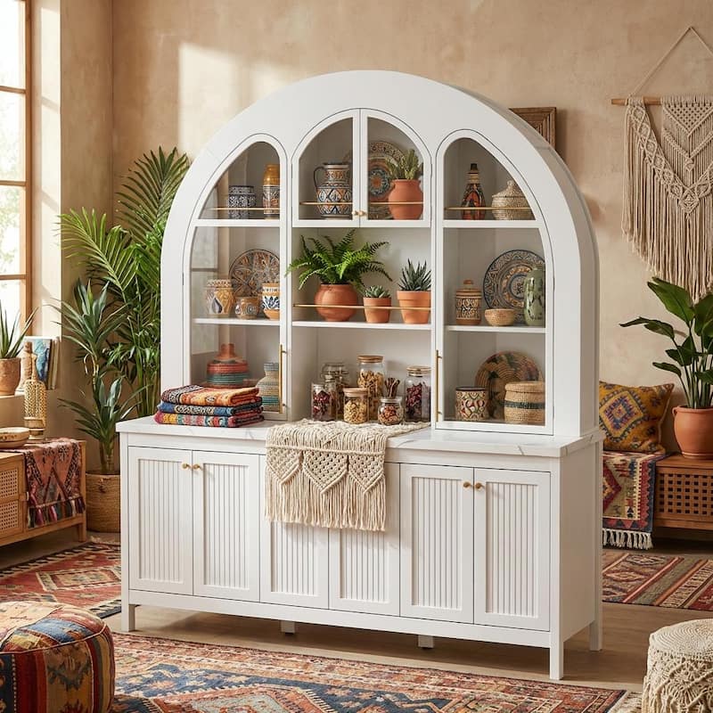 63" Arched Display Cabinet with LED Lights, Modern Buffet Sideboard with Glass Doors, Large Storage Credenza Bookshelves