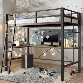 Twin Size Black Metal Loft Bed with L-Shaped Desk