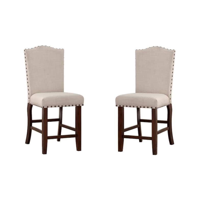 Classic Cream Upholstered Cushion Chairs Set of 2pc Counter Height Dining Chair Nailheads Solid wood Legs