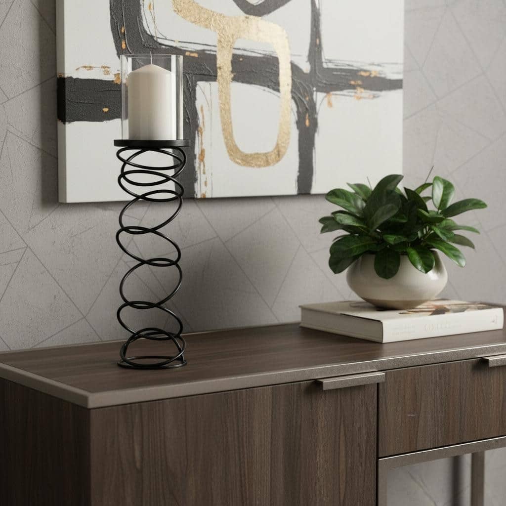 21" Black Geometric Glass And Metal Tabletop Pillar Candle Holder