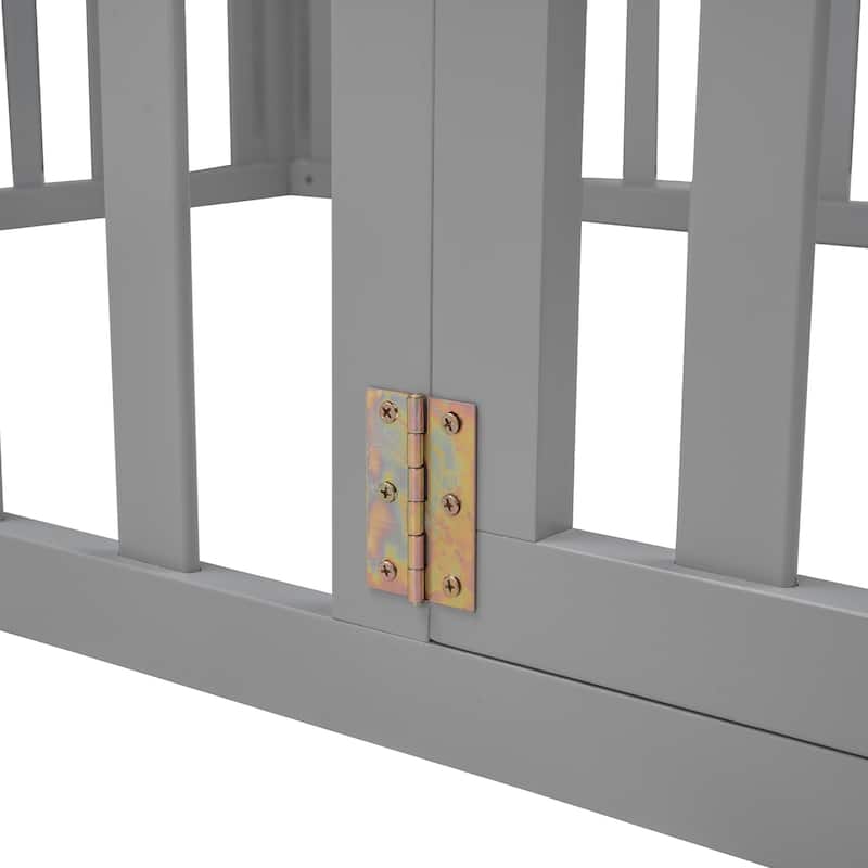 Safe Play Area, Full Size Wooden Floor Bed Frame with Fence and Door, Open Design Low Bed for Kids, Without Slats