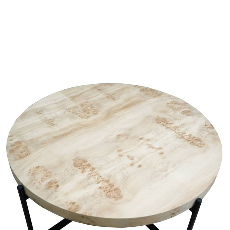 Sevita Eliana Round Burl Wood & Black Metal Coffee Table, 36" L x 36" W x 18" H - 36" Diameter x 18" H
