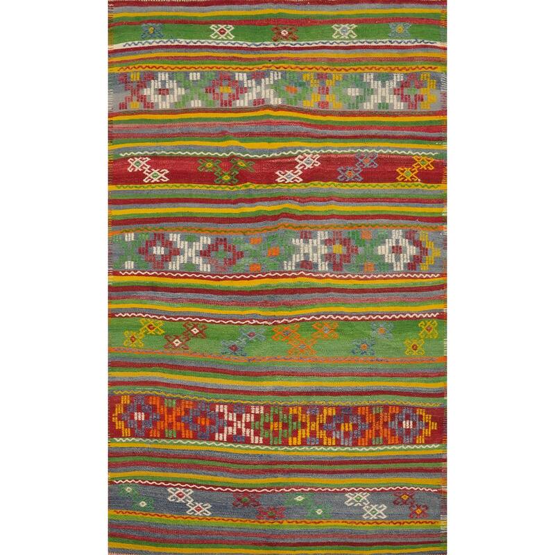 Hand Woven Oriental 100% Wool Carpet Southwestern Tribal Green Kilim Area Rug - 7' 8'' X 5' 4''