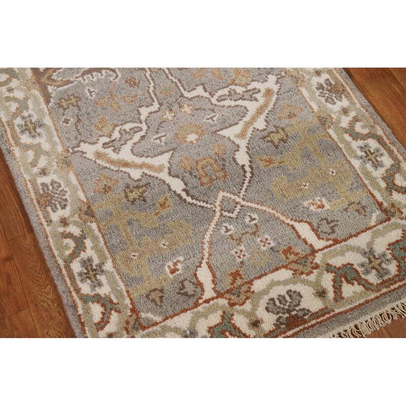 Gray Oushak Indian Runner Rug Hand-Knotted Floral Wool Carpet - 2'6"x 11'8"