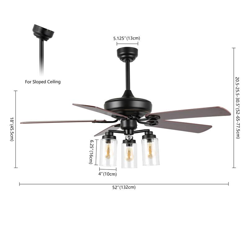 Erin 52" 3-Light Rustic Industrial Iron/Wood/Seeded Glass Mobile-App/Remote-Controlled LED Ceiling Fan, by JONATHAN Y