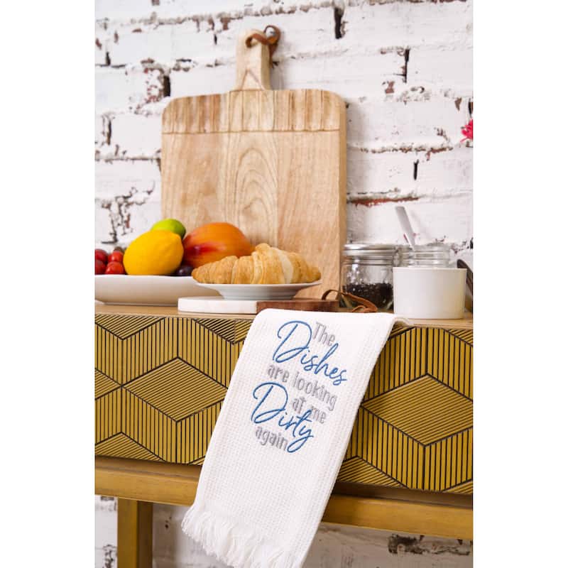 Dishes Looking At Embroidered Waffle Weave Kitchen Towel
