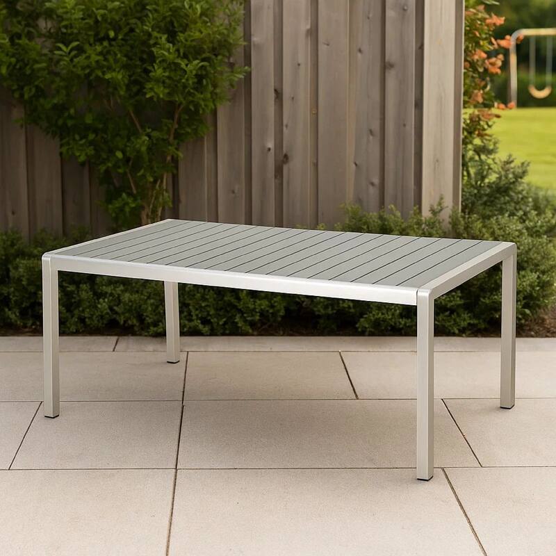 Eoin Outdoor Dining Table, Rectangular 71 Inch Gray Faux Wood, Metal Frame