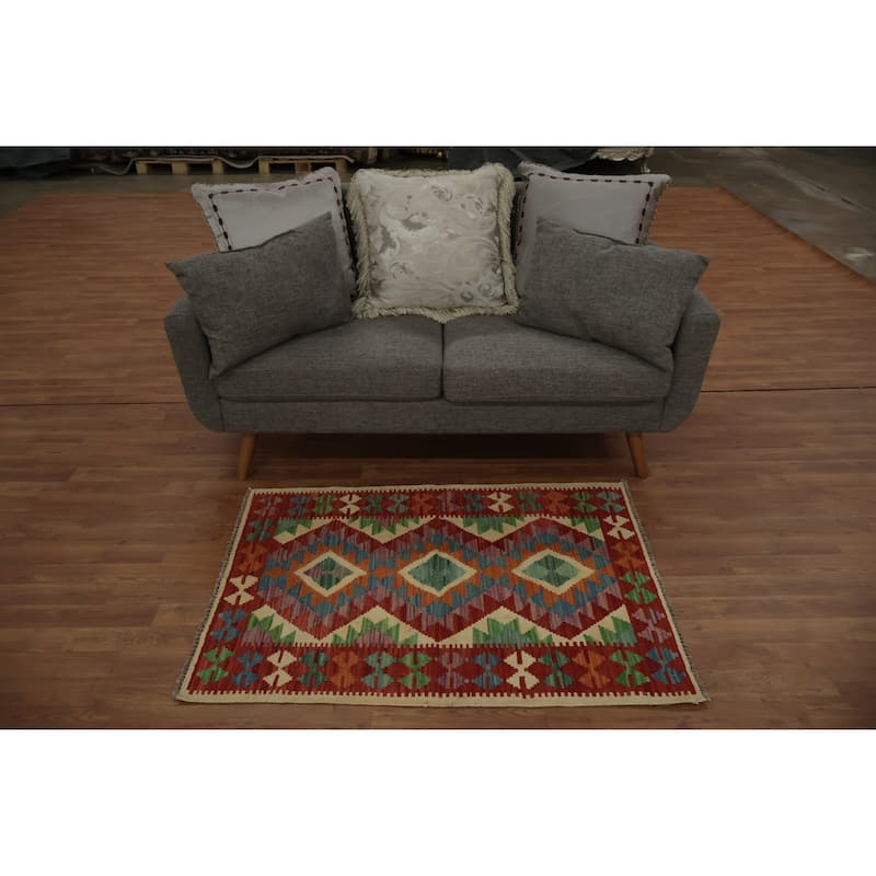 Hand Woven Oriental 100% Wool Carpet Southwestern Tribal Multi-Colored Kilim Area Rug - 4' 0'' X 2' 11''