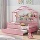 preview thumbnail 10 of 24, Twin Size House Platform Bed with Trundle, Shelf, Roof, Semi-Enclosed Space, Sturdy Pinewood Frame, Space-saving Pink