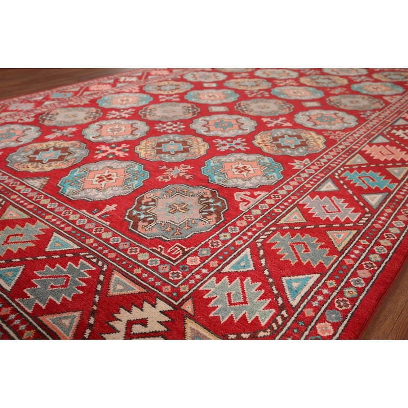 All-Over Red Geometric Kazak Area Rug Handmade Wool Carpet - 6'5" x 9'9"