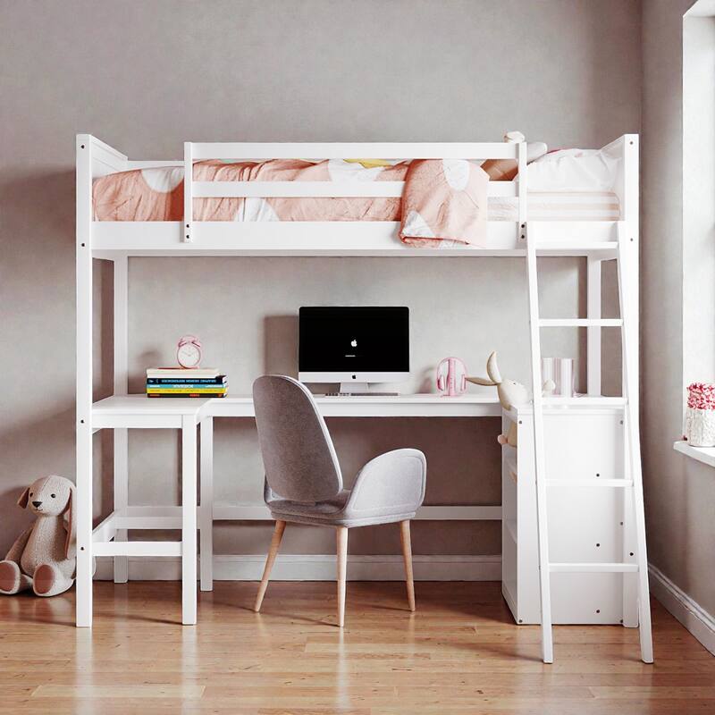Twin Size Wooden Loft Bed with Shelves and Desk, Space-Saving Pine Wood Loft Bed with Guardrails and Ladder
