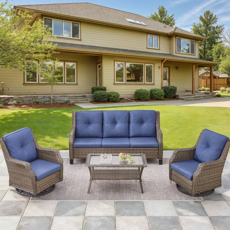 Outside Rattan Sofa with Swivel Chair Table - Grey - Blue - Grey