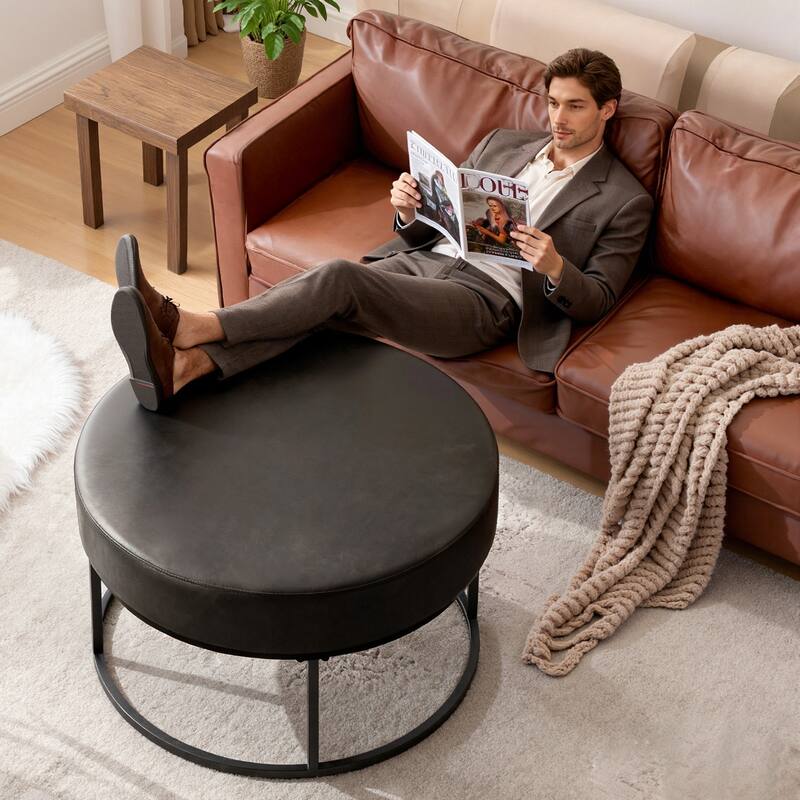 Faux Leather Round Ottoman for Living Room with Metal Legs