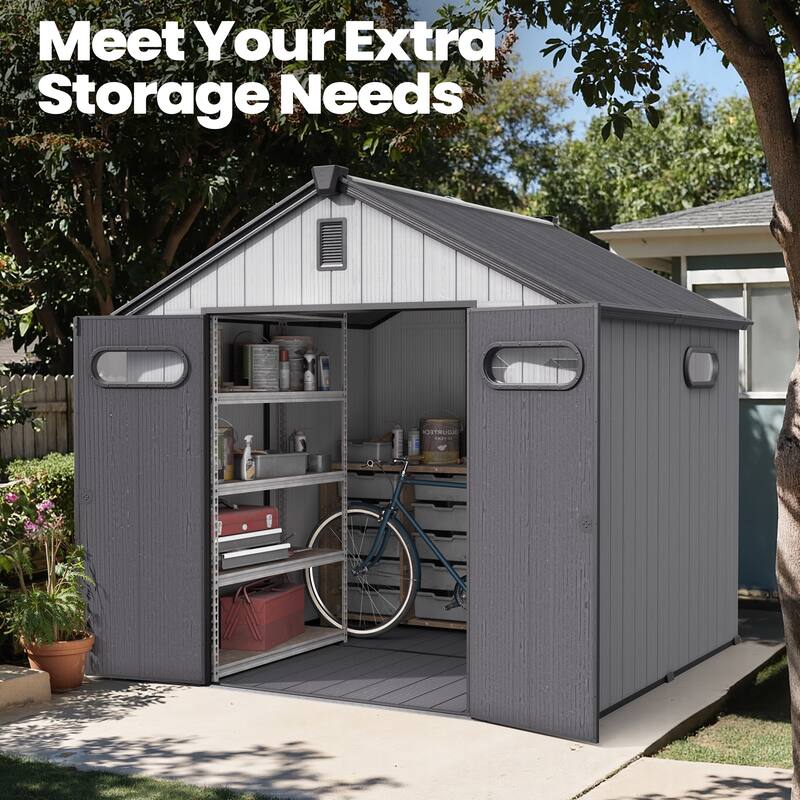 All-Weather Waterproof Lockable Door Resin Outdoor Storage Shed with Window Vent Floor for Patio Furniture and Tools
