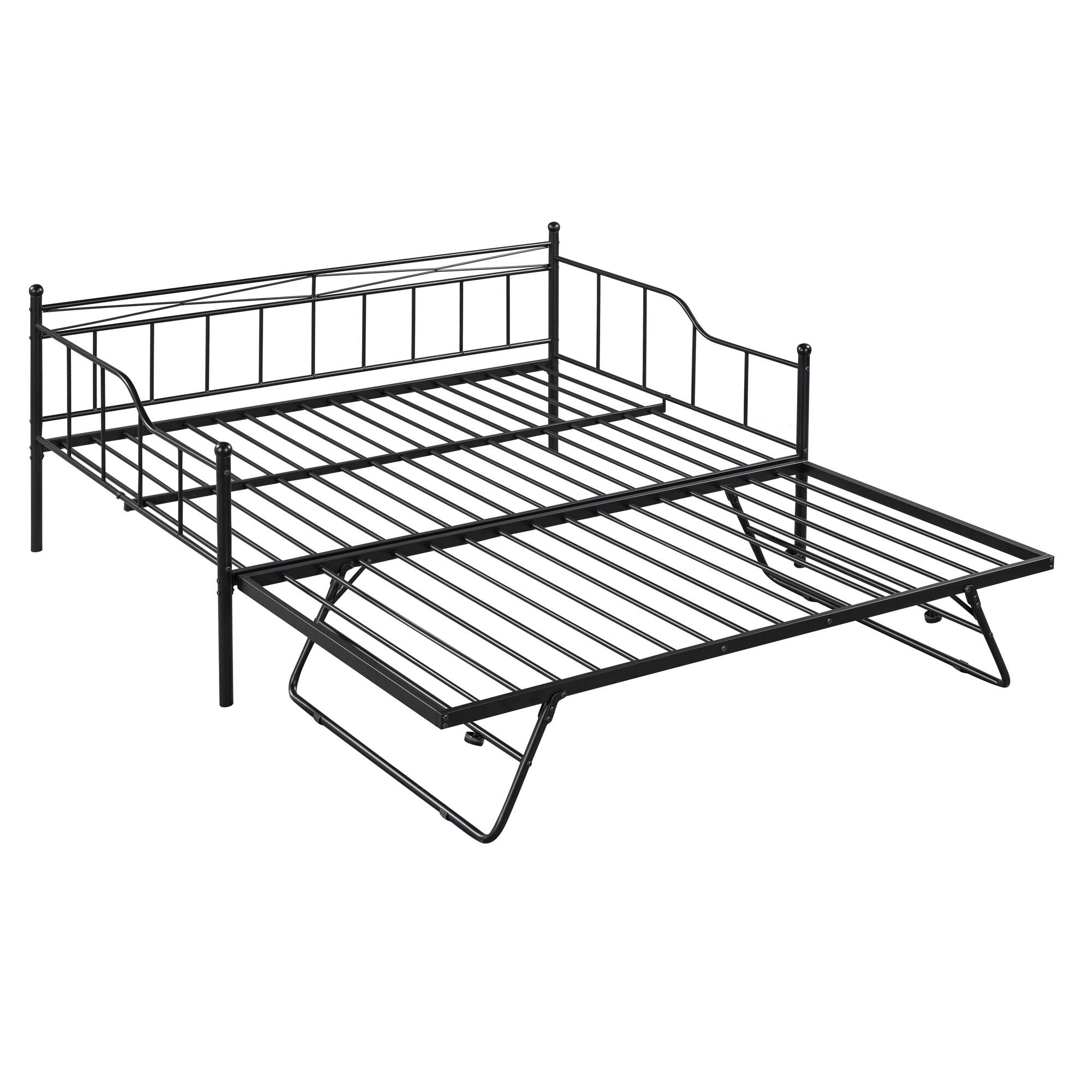 Full Size Metal Daybed with Twin Size Adjustable Trundle, Portable Folding Trundle, Blac Bed