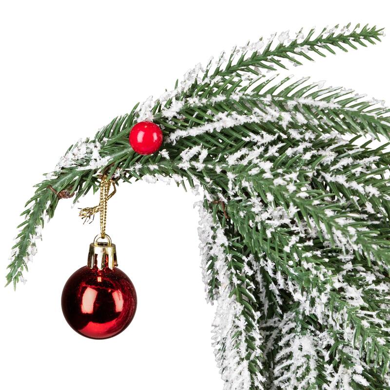 Flocked Curved Artificial Christmas Tree with Red Ornaments - 15"