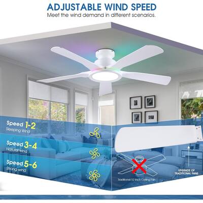 52 Inch Flush Mount Ceiling Fan with 3CCT LED light and RGB Circle Light.5 ABS Reversible Blades - 52 Inches