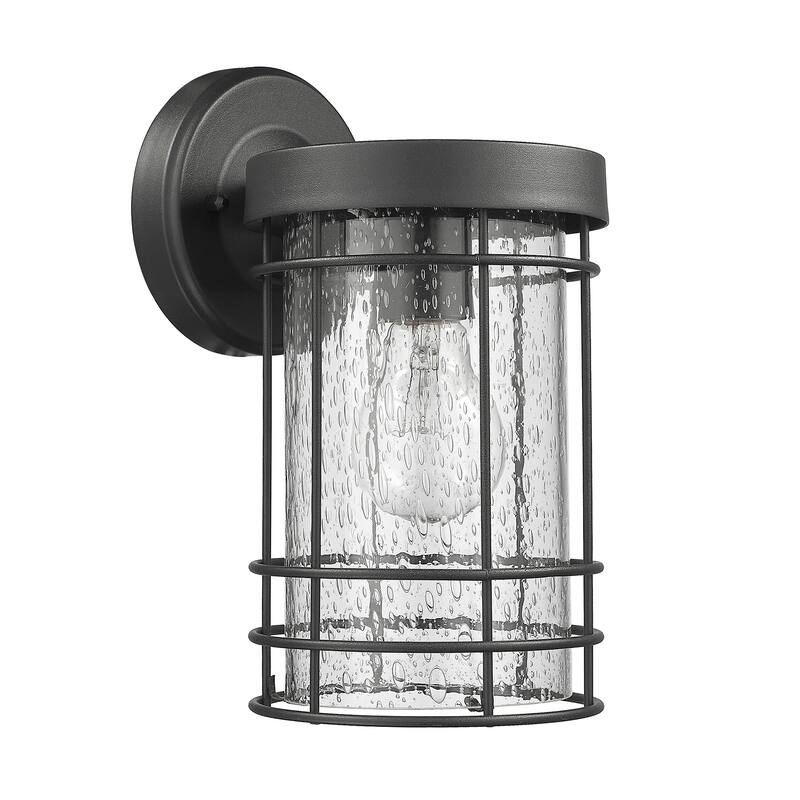 Textured Black 1- Light Outdoor Cylinder Wall Sconce with Seedy Glass
