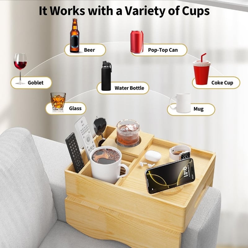 Couch Cup Holder Tray - 13.9"L x 9.8"W x 3"H