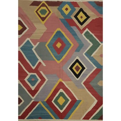Hand Woven Oriental 100% Wool Carpet Southwestern Modern Multi-Colored Kilim Area Rug - 10' 10'' X 8' 10''