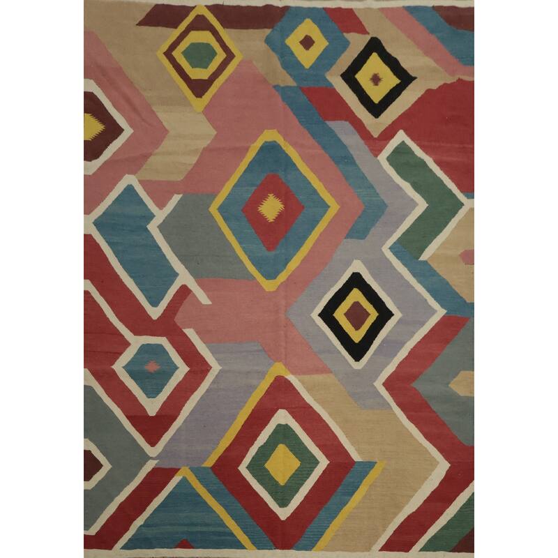 Hand Woven Oriental 100% Wool Carpet Southwestern Modern Multi-Colored Kilim Area Rug - 10' 10'' X 8' 10''