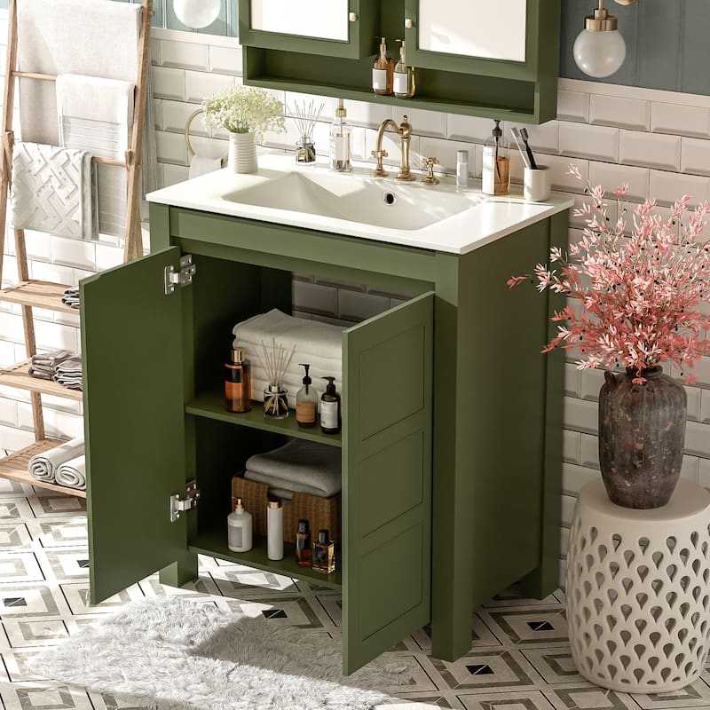 Center Rectangular Ceramic Sink Bathroom Vanity Cabinet with Adjustable Shelf, 30 Inch - Olive Green - 30 Inch