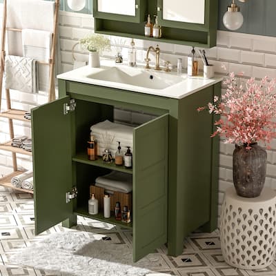 Center Rectangular Ceramic Sink Bathroom Vanity Cabinet with Adjustable Shelf, 30 Inch