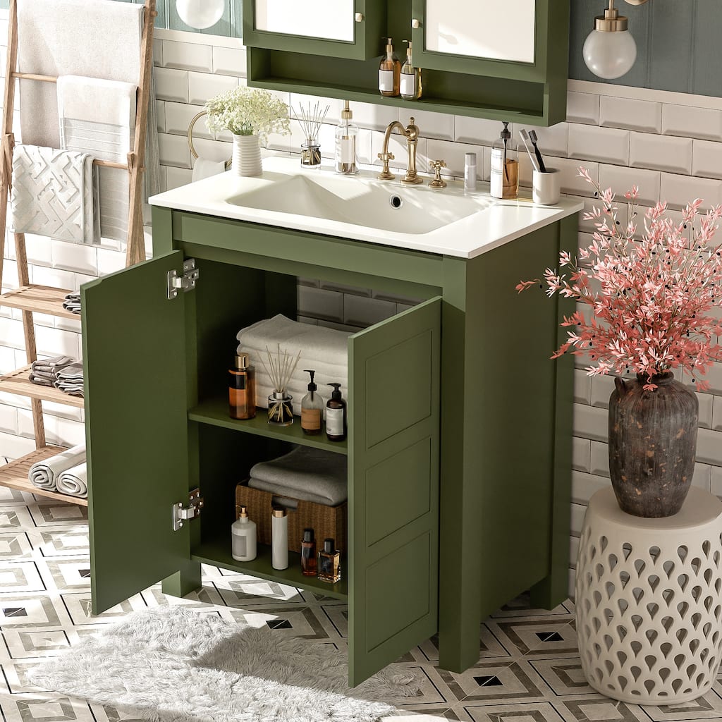 Center Rectangular Ceramic Sink Bathroom Vanity Cabinet with Adjustable Shelf, 30 Inch