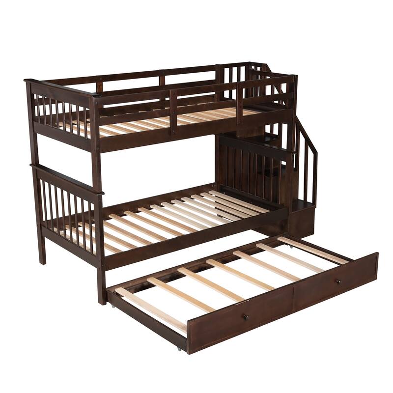 Stairway Twin Over Twin Bunk Bed with Twin Size Trundle & Stairs Storage, Detachable Solid Wood Triple Bedframe, for Kids Teens