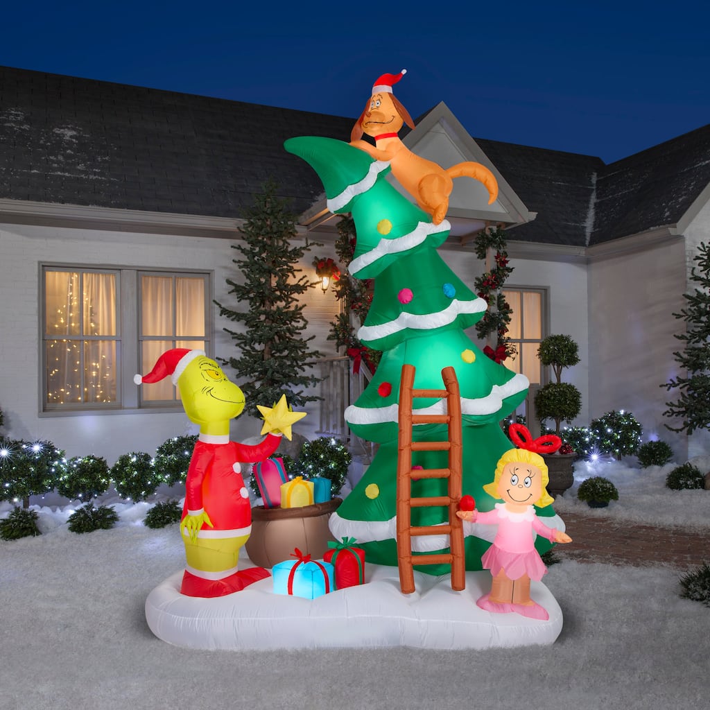 Gemmy Airblown Inflatable 11.5ft Christmas Light Grinch, Cindy Lou and Max on Christmas Tree Scene Dr. Seuss
