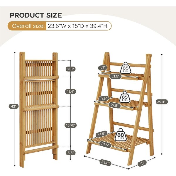 Foldable Bamboo Ladder Shelf, 3 Tier, 23.6 x 15 x 39.4 Inches