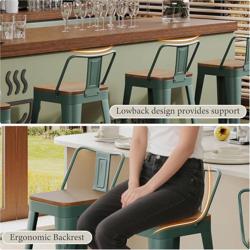 Industrial Style Bar & Counter Stools with Metal Frame Kitchen 26" and 30" Seat Height Stools with Low Back and Wooden Seat
