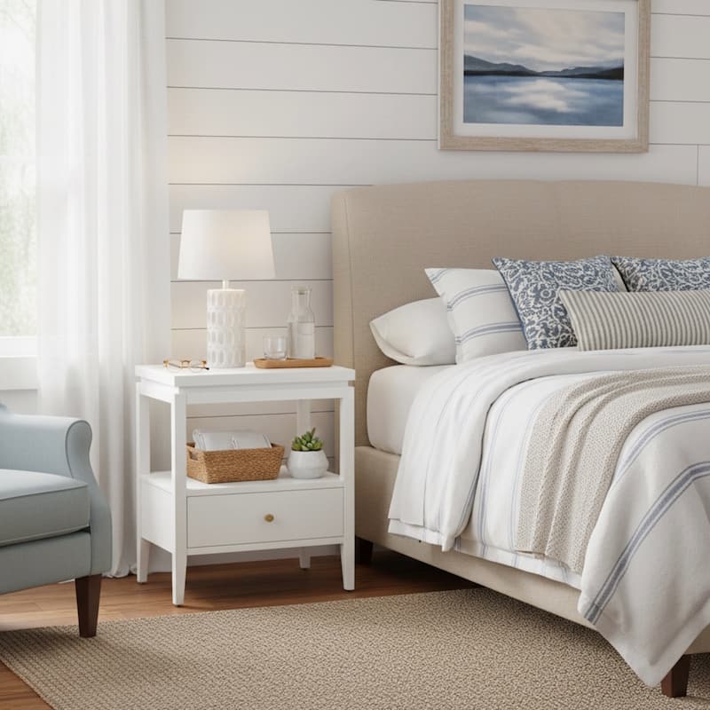 Modern Nightstand with Drawer and Floating Shelf Tapered Legs Design - White