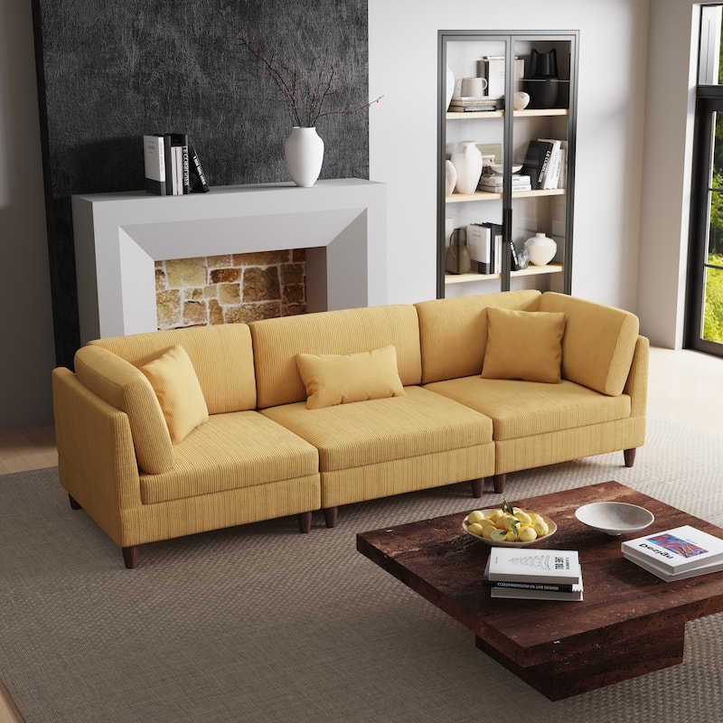 Corduroy Modular Sectional Sofa Set With Pillows - orange-3 Piece