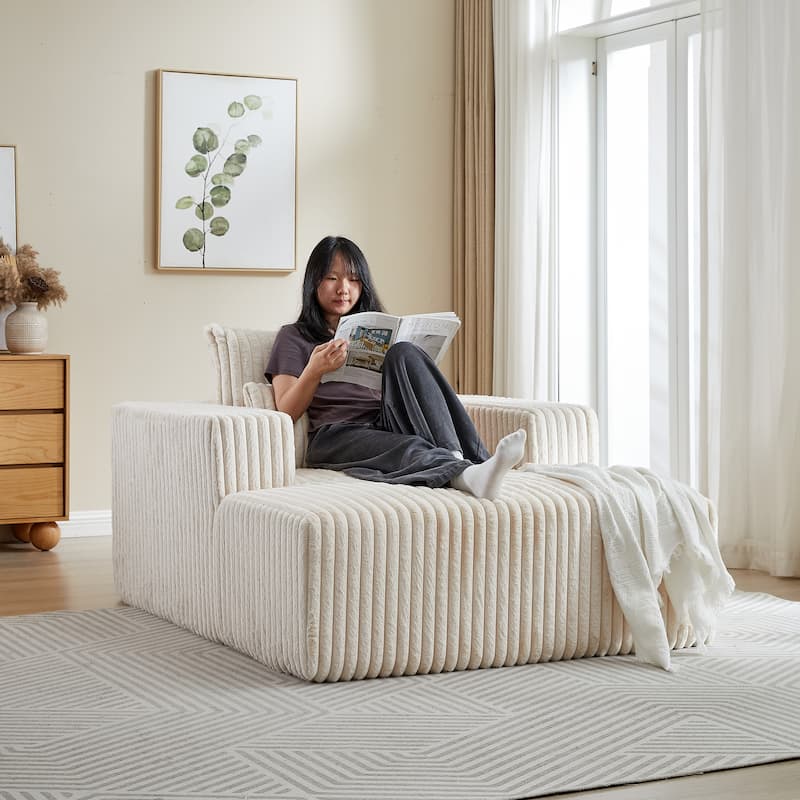 Beige Corduroy Sofa Lounge Chair with 2 Pillows