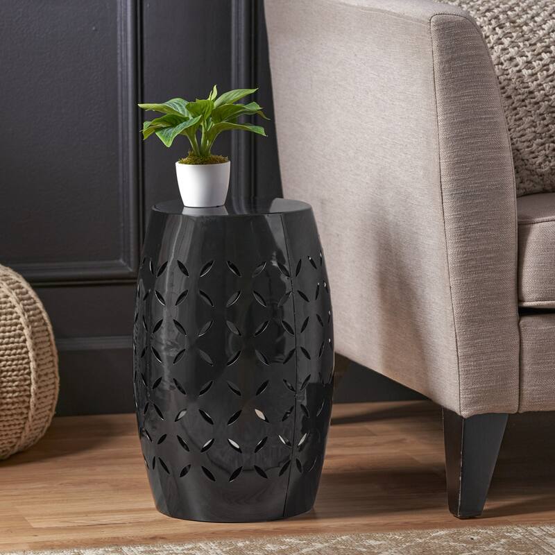 12.25" Modern Round Side Table with Barrel Structure and Iron-cut Design for Living Room or Bedroom