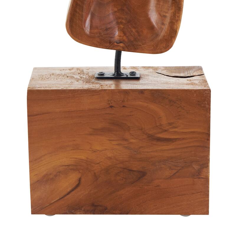 Brown Teak Wood Cutout Abstract Decorative Sculpture with Block Base