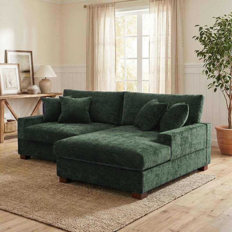 2 Set Chenille Upholstered Modular Sectional Sofa Chaise with Pillows - Green-Sofa L+Chaise R - Right Facing