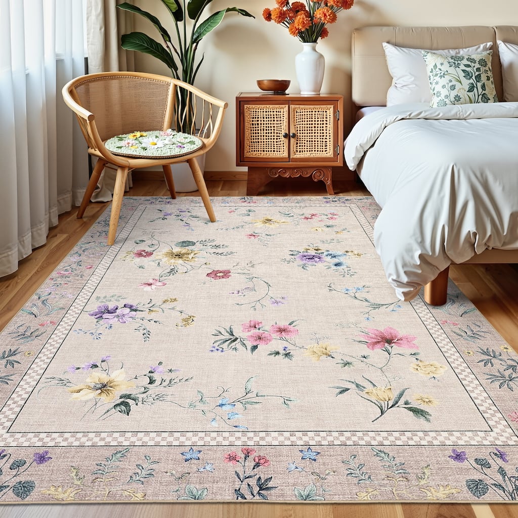 Garvee Wildflower Gingham Washable Area Rug