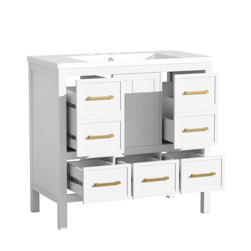 Freestanding Vanity for Bathroom with Resin Sink, Storage Cabinet with 5 Drawers, Soft Closing Doors and Gold Metal Handles