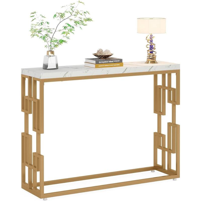 White Gold MDF Wood Console Sofa Table with Faux Marble Top and Metal Frame - 11.81"D x 42.51"W x 31.49"H