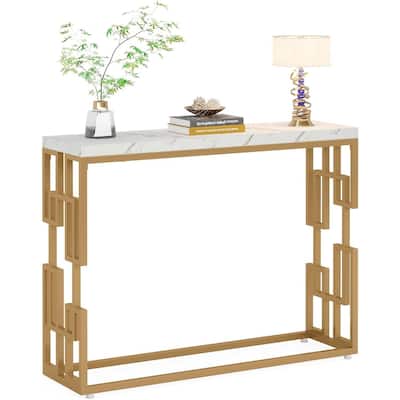 White Gold MDF Wood Console Sofa Table with Faux Marble Top and Metal Frame - 11.81"D x 42.51"W x 31.49"H